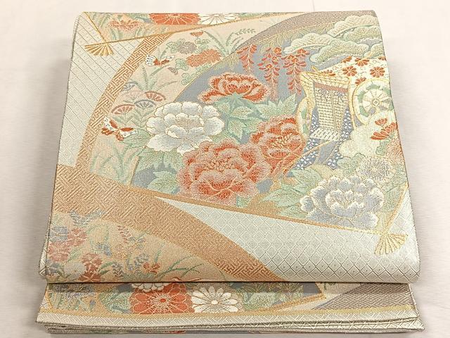 平和屋着物◎六通柄袋帯　宝珠本佐賀錦　御所車花蝶文　金銀糸　正絹　逸品　未使用　CABK3165yk