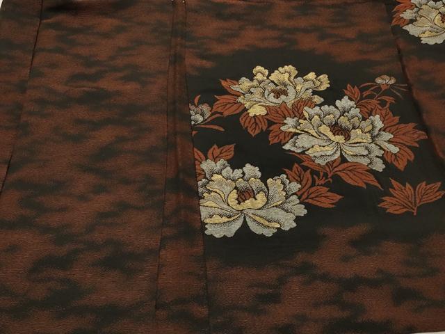 平和屋着物＃羽織　寿光織　牡丹文　黒地　金銀糸　正絹　逸品　CABK3210in