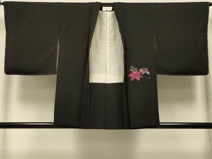 平和屋着物＃羽織　総刺繍　草花文　黒地　正絹　逸品　未使用　CABK3238in