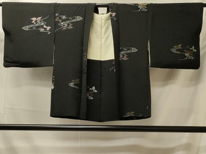 平和屋着物＃羽織　寿光織　流水舞葉文　黒地　金銀糸　正絹　逸品　CABK3253in
