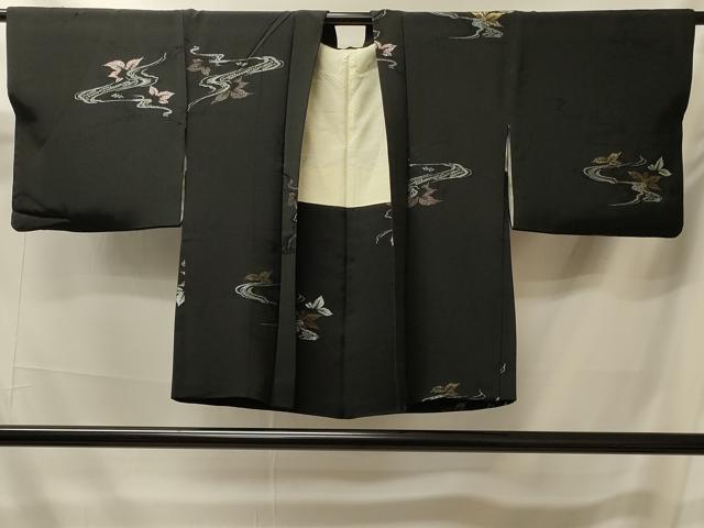 平和屋着物＃羽織　寿光織　流水舞葉文　黒地　金銀糸　正絹　逸品　CABK3253in