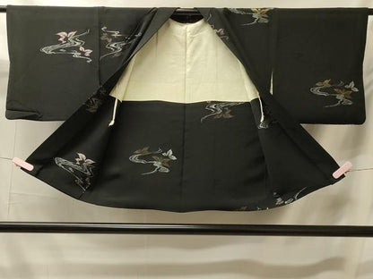 平和屋着物＃羽織　寿光織　流水舞葉文　黒地　金銀糸　正絹　逸品　CABK3253in