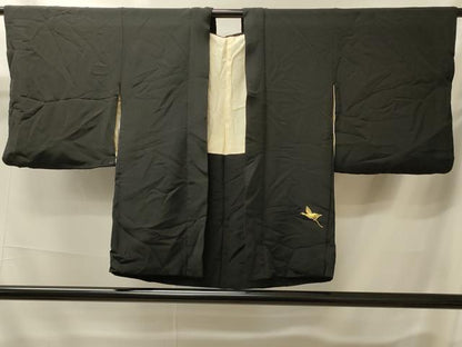平和屋着物＃羽織　駒刺繍　飛鶴文　黒地　金糸　正絹　逸品　CABK3255in