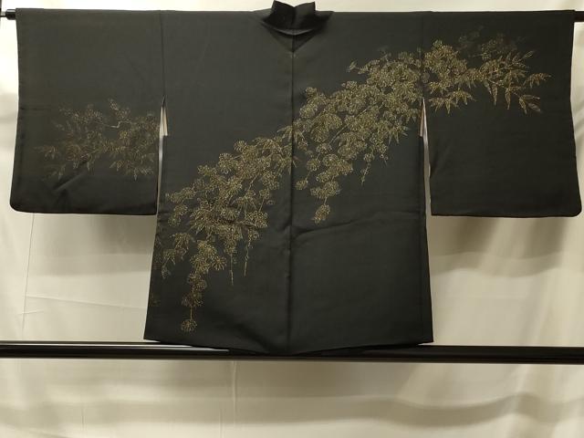平和屋着物＃羽織　寿光織　枝垂れ花文　黒地　金糸　正絹　逸品　CABK3260in