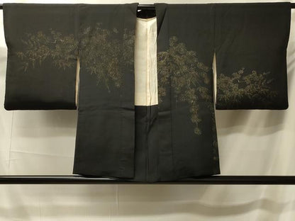 平和屋着物＃羽織　寿光織　枝垂れ花文　黒地　金糸　正絹　逸品　CABK3260in