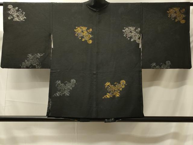 平和屋着物＃羽織　寿光織　草花文　黒地　金銀糸　正絹　逸品　CABK3268in