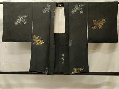 平和屋着物＃羽織　寿光織　草花文　黒地　金銀糸　正絹　逸品　CABK3268in