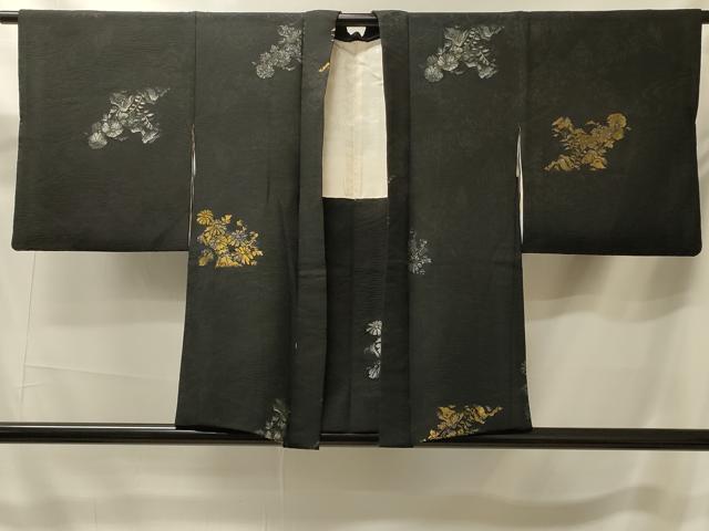 平和屋着物＃羽織　寿光織　草花文　黒地　金銀糸　正絹　逸品　CABK3268in