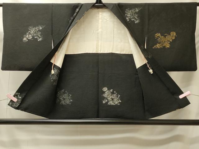 平和屋着物＃羽織　寿光織　草花文　黒地　金銀糸　正絹　逸品　CABK3268in