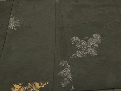 平和屋着物＃羽織　寿光織　草花文　黒地　金銀糸　正絹　逸品　CABK3268in