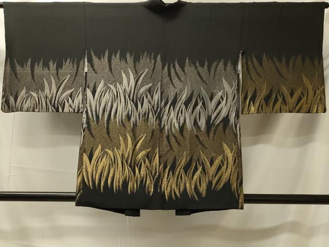 平和屋着物＃羽織　寿光織　草葉文　黒地　金銀糸　正絹　逸品　CABK3269in