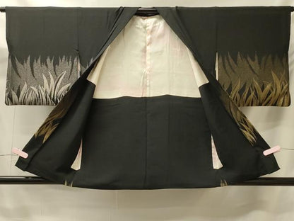 平和屋着物＃羽織　寿光織　草葉文　黒地　金銀糸　正絹　逸品　CABK3269in