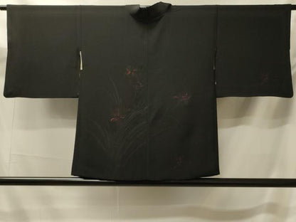 平和屋着物＃羽織　草花文　黒地　正絹　逸品　CABK3270in