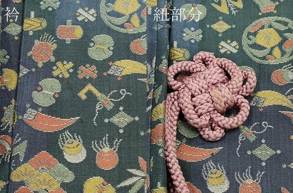 平和屋着物＃道中着　お召地　宝尽くし蝶文　ロング丈　正絹　逸品　CABK3276in
