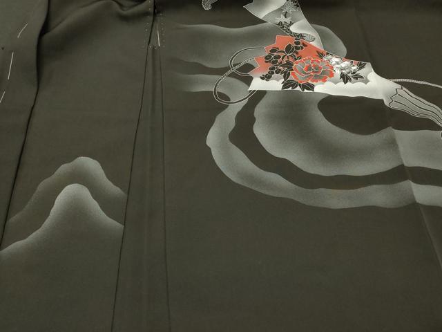 平和屋着物＃羽織　刺繍　扇面草花文　黒地　正絹　逸品　未使用　CABK3277in