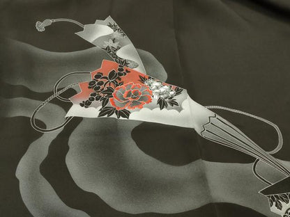 平和屋着物＃羽織　刺繍　扇面草花文　黒地　正絹　逸品　未使用　CABK3277in