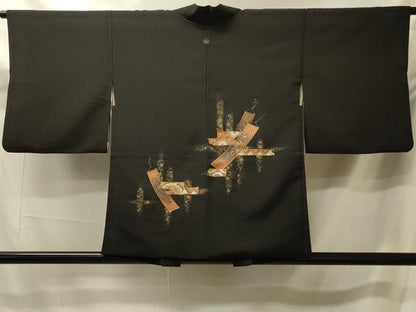 平和屋着物＃羽織 短冊花文 黒地 金彩 正絹 逸品 CABK3279in