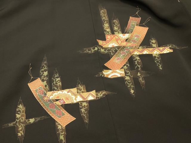 平和屋着物＃羽織 短冊花文 黒地 金彩 正絹 逸品 CABK3279in