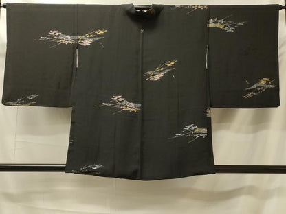 平和屋着物＃羽織 寿光織 枝葉文 黒地 金糸 正絹 逸品 CABK3284in
