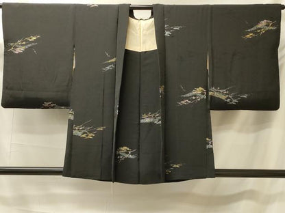 平和屋着物＃羽織 寿光織 枝葉文 黒地 金糸 正絹 逸品 CABK3284in