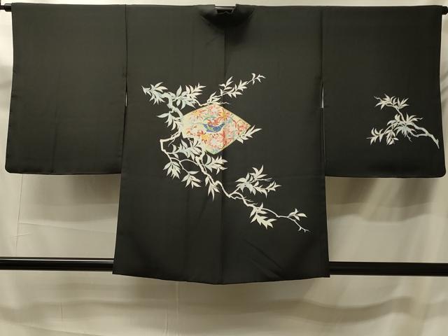 平和屋着物＃羽織 枝葉鳥文 黒地 正絹 逸品 CABK3286in
