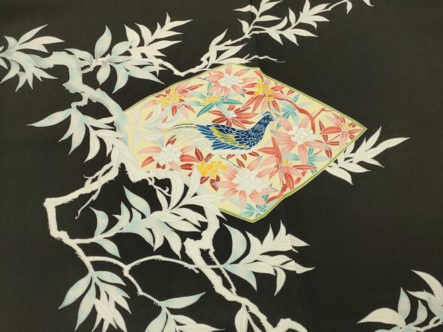 平和屋着物＃羽織 枝葉鳥文 黒地 正絹 逸品 CABK3286in