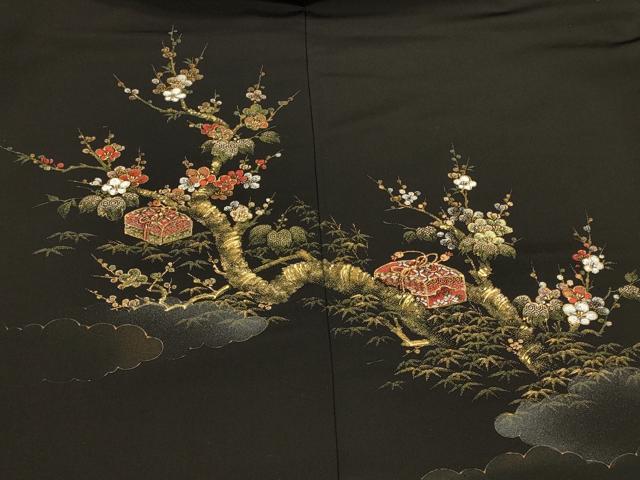 平和屋着物＃羽織 寿光織 文箱枝梅文 黒地 金銀糸 正絹 逸品 CABK3295in
