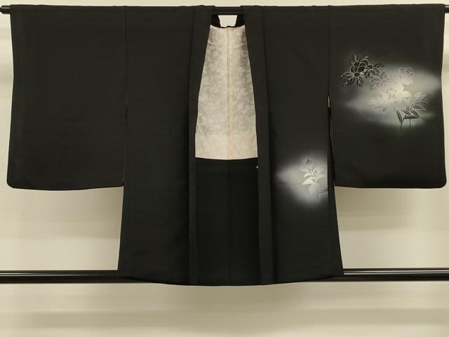 平和屋着物＃羽織　刺繍　草花文　暈し染め　黒地　正絹　逸品　CABK3310in