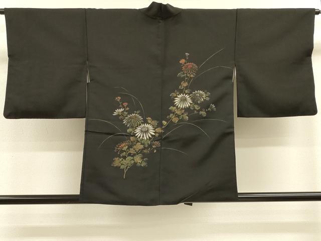 平和屋着物＃羽織 寿光織 草花文 黒地 金糸 正絹 逸品 CABK3318in