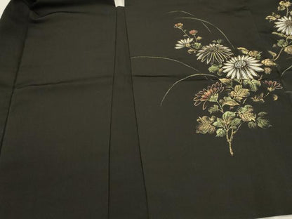 平和屋着物＃羽織 寿光織 草花文 黒地 金糸 正絹 逸品 CABK3318in