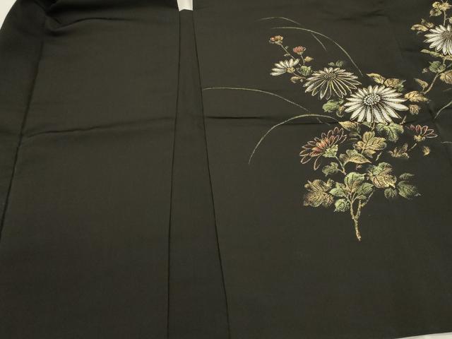 平和屋着物＃羽織 寿光織 草花文 黒地 金糸 正絹 逸品 CABK3318in