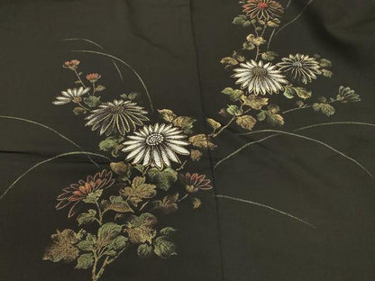 平和屋着物＃羽織 寿光織 草花文 黒地 金糸 正絹 逸品 CABK3318in