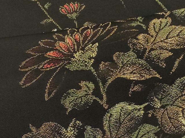 平和屋着物＃羽織 寿光織 草花文 黒地 金糸 正絹 逸品 CABK3318in