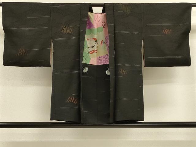 平和屋着物＃羽織 刺繍 紗綾形文 黒地 金銀糸 正絹 逸品 CABK3319in