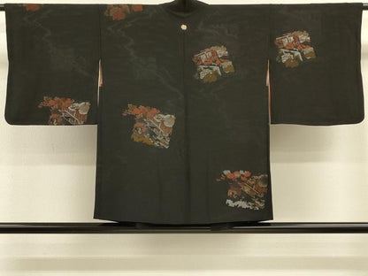 平和屋着物＃羽織 寿光織 色紙風景花文 黒地 金銀糸 正絹 逸品 CABK3320in