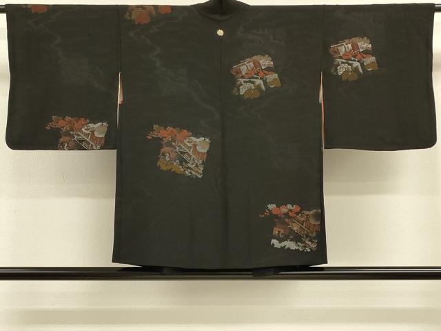 平和屋着物＃羽織 寿光織 色紙風景花文 黒地 金銀糸 正絹 逸品 CABK3320in