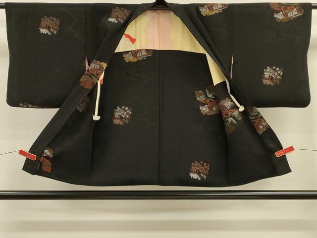 平和屋着物＃羽織 寿光織 色紙風景花文 黒地 金銀糸 正絹 逸品 CABK3320in