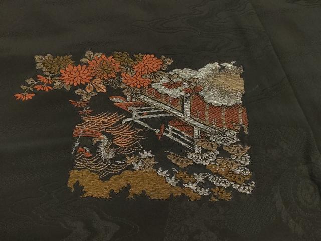 平和屋着物＃羽織 寿光織 色紙風景花文 黒地 金銀糸 正絹 逸品 CABK3320in