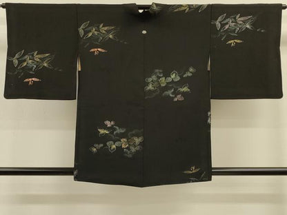 平和屋着物＃道行コート　寿光織　草葉文　黒地　金糸　正絹　逸品　CABK3321in