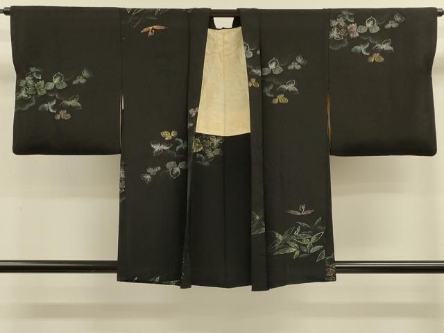 平和屋着物＃道行コート　寿光織　草葉文　黒地　金糸　正絹　逸品　CABK3321in