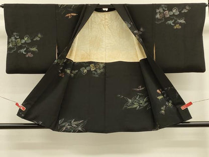 平和屋着物＃道行コート　寿光織　草葉文　黒地　金糸　正絹　逸品　CABK3321in
