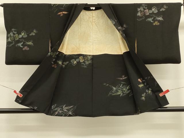 平和屋着物＃道行コート　寿光織　草葉文　黒地　金糸　正絹　逸品　CABK3321in