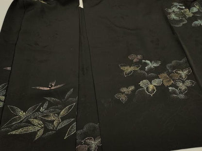 平和屋着物＃道行コート　寿光織　草葉文　黒地　金糸　正絹　逸品　CABK3321in