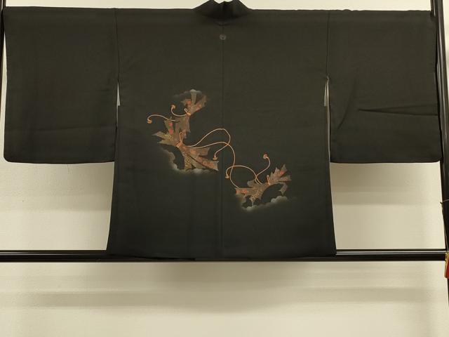 平和屋着物＃羽織　刺繍　雲取り束ね熨斗花文　黒地　金銀彩　正絹　逸品　CABK3323in