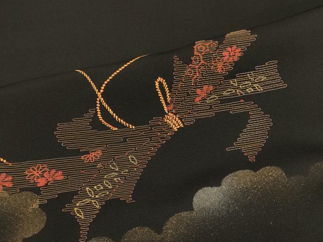 平和屋着物＃羽織　刺繍　雲取り束ね熨斗花文　黒地　金銀彩　正絹　逸品　CABK3323in