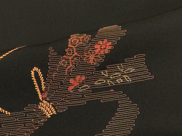 平和屋着物＃羽織　刺繍　雲取り束ね熨斗花文　黒地　金銀彩　正絹　逸品　CABK3323in