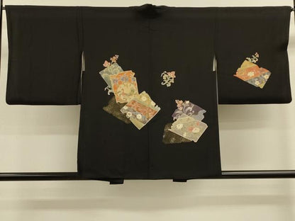 平和屋着物＃羽織 色紙重ね花鳥文 黒地 金彩 正絹 逸品 CABK3334in