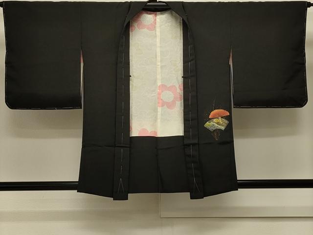 平和屋着物＃羽織 刺繍 地紙草花文 黒地 金銀彩 正絹 逸品 未使用 CABK3342in