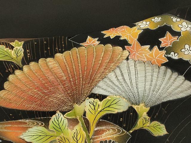 平和屋着物＃羽織 刺繍 地紙草花文 黒地 金銀彩 正絹 逸品 未使用 CABK3342in