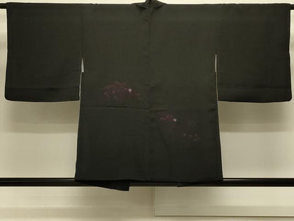 平和屋着物＃羽織　総刺繍　流水草花文　黒地　正絹　逸品　CABK3346in